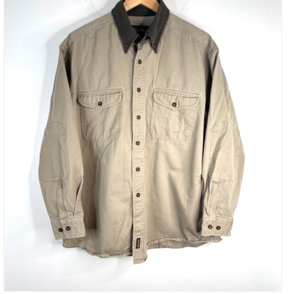 VTG Woolrich Field Shirt L Tan Contrast Collar Elbow Patches Heritage Fisherman